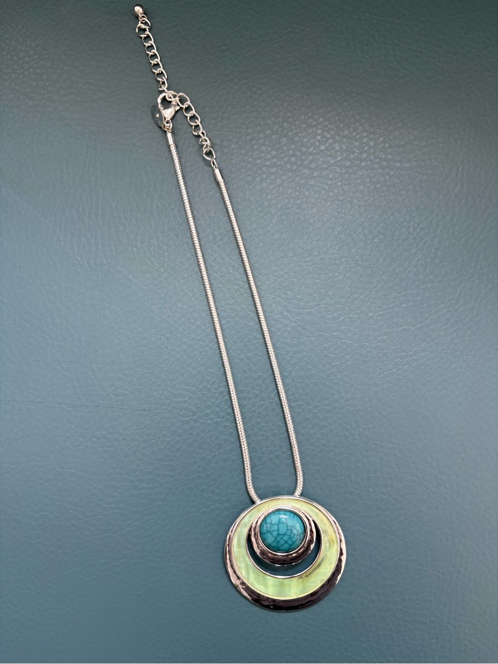 Chico's Silvertone Concentric Circle Pendant Necklace Turquoise & Lime Green
